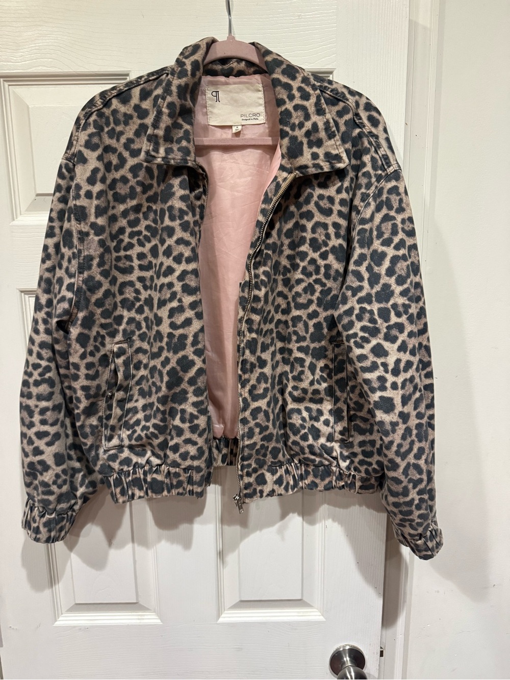 Anthropologie Leopard-Print Bomber Jacket in Beige and Black with Pink Lining